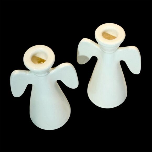White Ceramic Angel Candle Holders Minimalistic Wedding Holiday Decor set of two - Picture 4 of 10